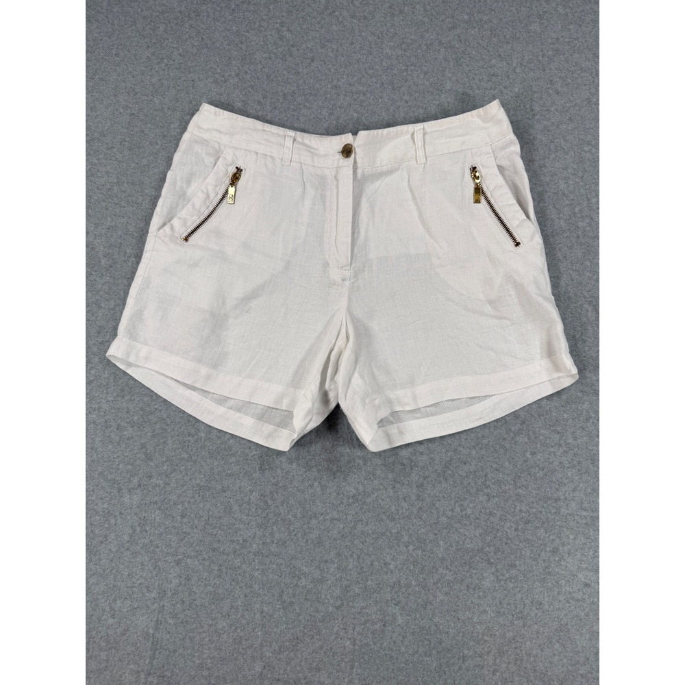 Anne Klein 10 Linen Shorts Coastal White Gold Zipper Detail